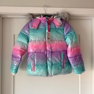 NWT-Girls Justice Sparkle Sherpa Classic Puffer Jacket Faux Fur Hood Sz 5/6 XS